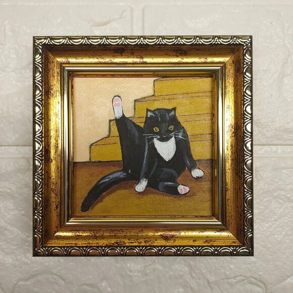 Lot of 3 Framed Original Mini Black Cat Oil Paintings - Picture 6 of 8